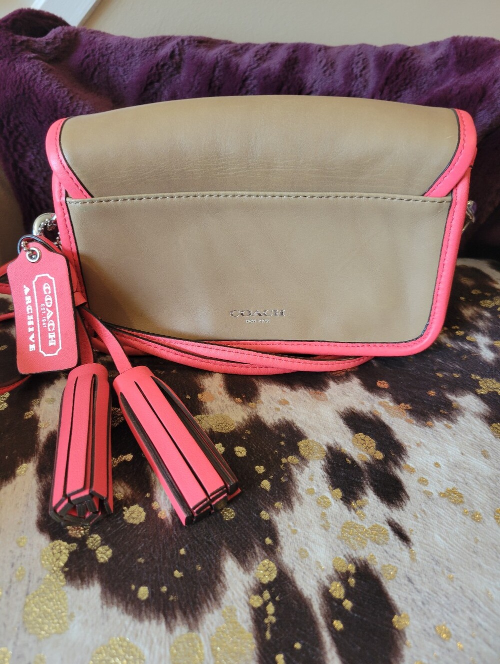 Coach Penny Archive Khaki Crossbody with Watermelon Pink Trim - Picture 2 of 8